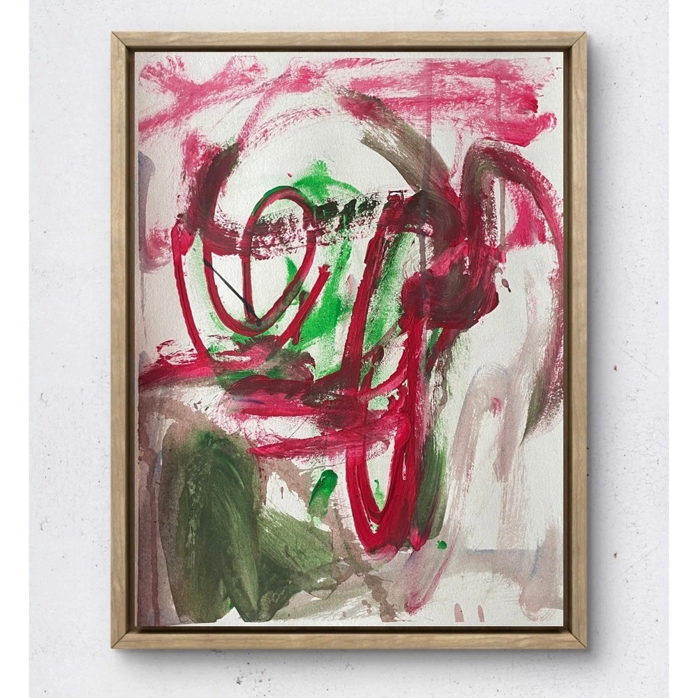 Original Biomorphic Abstract Painting 11x14 Red Green Pink Oman Hosea Modern Art